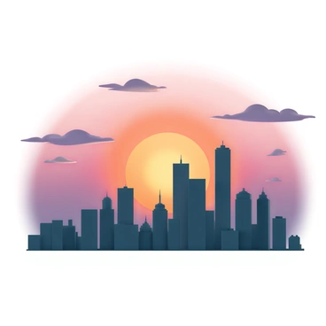 A city skyline featuring a variety of tall buildings against the backdrop of a sunset. The silhouettes of the skyscrapers are prominently displayed, with sharp edges and varying heights. The sky is filled with vibrant colors, showcasing deep oranges, pinks, and purples blending together as the sun sets on the horizon. The scene captures the tranquil transition from day to night, with a few scattered clouds reflecting the colorful hues of the sky.