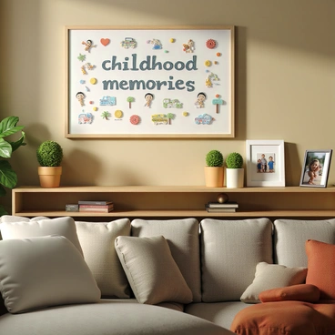 A plaque featuring "childhood memories" is displayed prominently on a wooden shelf in a cozy living room. The plaque is decorated with colorful drawings of toys, animals, and trees, evoking a sense of nostalgia. Surrounding the plaque are various decorative items, including a small potted plant and a framed photograph of children playing. The room has warm lighting that creates an inviting atmosphere, with comfortable furniture and soft cushions visible in the background.
