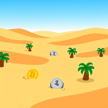A vast desert landscape with rolling sand dunes under a bright blue sky. In the foreground, several vibrant oases are scattered throughout the scene, each shaped like different cryptocurrency coins. One oasis resembles a golden Bitcoin, another is a silver Ethereum, and a third takes the form of a green Litecoin. Palm trees surround each oasis, their fronds swaying gently in the warm breeze. The sun casts long shadows on the sand, enhancing the unique shapes of the crypto coin oases.