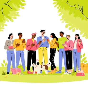 A diverse group of people is gathered in a sunlit park, surrounded by green grass and colorful flowers. The individuals, representing various ethnicities and ages, are standing together in a circle, singing joyfully. Some are clapping their hands, while others are swaying to the rhythm of the music. Bright sunlight filters through the leaves of nearby trees, casting playful shadows on the ground. A few picnic blankets and baskets are visible in the background, indicating a lively outdoor gathering.