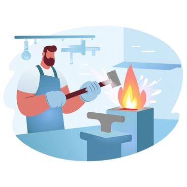 A blacksmith is working diligently at a traditional forge. The blacksmith is wearing an apron and protective gloves, focused on shaping a glowing piece of metal with a hammer. The forge emits a bright orange and yellow flame, illuminating the workspace. Various tools are hanging on the walls, and an anvil sits prominently in the center. Sparks fly as the hammer strikes the metal, creating an atmosphere of intense craftsmanship and dedication.