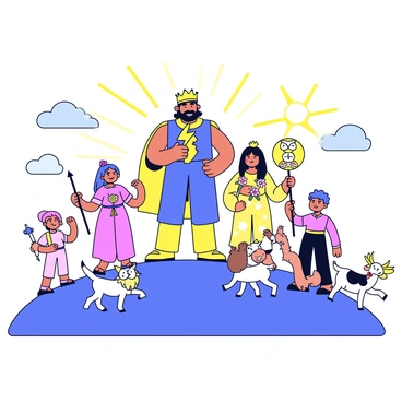 A scene depicting several gods and goddesses on a mountain top. In the center stands a tall, strong god with a flowing robe and a crown, holding a lightning bolt. Next to him is a goddess with long hair adorned with flowers, wearing a flowing gown and holding a staff topped with a glowing orb. Surrounding them are smaller figures of lesser deities, each with unique features and clothing, some interacting with animals, such as a wise owl perched on one figure's shoulder and a playful deer at another's feet. The background features stylized clouds and rays of sunlight breaking through.