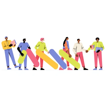 A group of diverse people standing in a line, each holding a domino in their hands. The dominoes are colorful, featuring bright designs. As the first person tilts their domino, it begins to topple, creating a chain reaction. Each domino tips into the next, showcasing a smooth flow of movement along the line. The expressions on the people's faces show excitement and anticipation as they participate in this playful activity. The setting is simple, allowing the focus to be on the human chain and the falling dominoes.