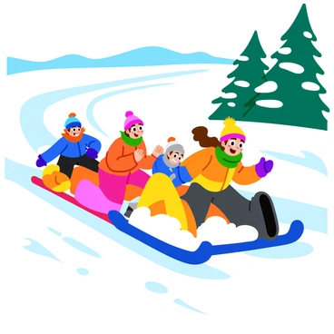 A group of children racing downhill on colorful sleds. Each child is dressed in vibrant winter attire, with fluffy hats, thick jackets, and warm mittens. The snow is bright and powdery, creating a fluffy surface beneath them. The expressions of joy and excitement are evident on their faces as they zoom down the hill. In the background, tall evergreen trees are dusted with snow, adding to the wintry scene. Some of the children are leaning forward, while others are sitting up straight, all caught in the thrill of the race.