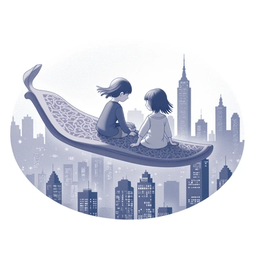 Two children are seated on a large, intricately woven magic carpet. The carpet is unfurling as it soars above a sprawling cityscape dotted with tall buildings. The skyline is illuminated with numerous lights, creating a dazzling effect against the night sky. The children appear excited, their hair blowing gently in the wind as they gaze down at the vibrant city below. The scene captures the sense of adventure and wonder as the carpet glides effortlessly through the air.