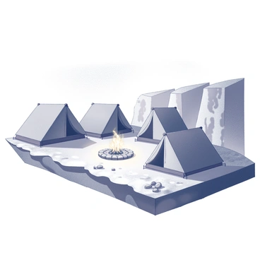 A campsite set up on the edge of a plateau. There are several tents arranged in a semi-circle, each with a distinct shape and size. A campfire is situated at the center of the campsite, surrounded by a circle of smooth stones. The flames are dancing, casting flickering shadows on the nearby tents. In the background, there are rugged cliffs that drop off dramatically, providing a breathtaking view of the valley below. The area is dotted with sparse vegetation and a few scattered boulders, adding to the natural setting of the campsite.