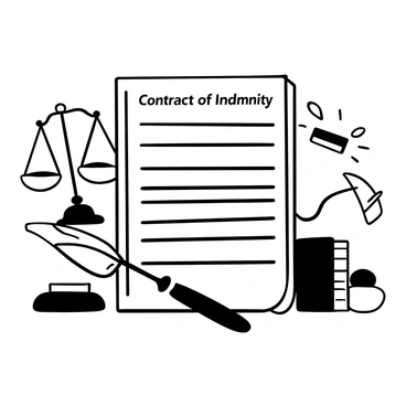 A detailed contract of indemnity placed in the center of the image, with the words "Contract of Indemnity" clearly visible at the top. Surrounding the contract, there are balanced scales symbolizing justice on one side and a stack of law books on the other side. The background features various legal symbols such as a gavel and a quill pen, arranged in a balanced composition.