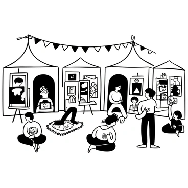 A large outdoor festival scene featuring multiple tents where artists are displaying their artworks. Each artist is engaged with visitors, who are examining the pieces with interest. Some artworks include paintings, sculptures, and sketches. Colorful bunting hangs above, and there are booths with art supplies for sale. A few people are sitting on blankets, enjoying the atmosphere, while others are taking notes or sketching in their notebooks. The overall setting is lively with a sense of community and creativity.