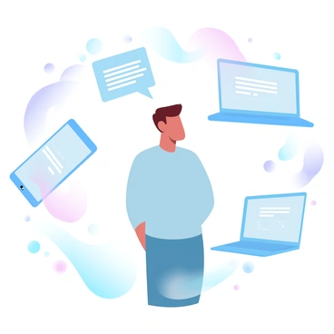 A person is surrounded by several electronic devices, including a smartphone, a laptop, and a tablet. Each device displays different notifications and messages, creating a chaotic environment. The person is standing in the center, looking toward the devices with an expression of confusion. Colorful light emanates from the screens, casting a soft glow onto the person's figure. The background is filled with abstract shapes and lines, adding to the feeling of confusion and mixed signals.