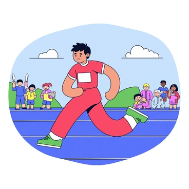 An athlete is performing heel taps on a track field. The athlete is wearing a bright red sports uniform with a white number on the chest. They have short black hair and are concentrating on their movement. The track field is marked with white lines, and there are green athletic shoes on the athlete’s feet. In the background, a few spectators are watching the event, with some holding banners. The sky is clear with a few fluffy clouds.