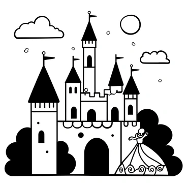 A grand castle with intricate towers and flags flying atop, surrounded by a dense forest. A princess wearing a flowing ball gown stands on a balcony, waving gracefully. The gown is adorned with elaborate patterns and trails elegantly down the steps. The castle is illuminated by the soft glow of moonlight, highlighting its majestic architecture. Scattered clouds drift across the sky, adding to the enchanting atmosphere of the scene.