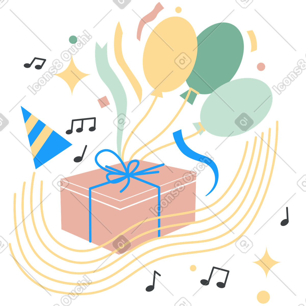 Surprise box with balloons and streamers, Birthday party fun event illustration in Kiddo style download in PNG, SVG