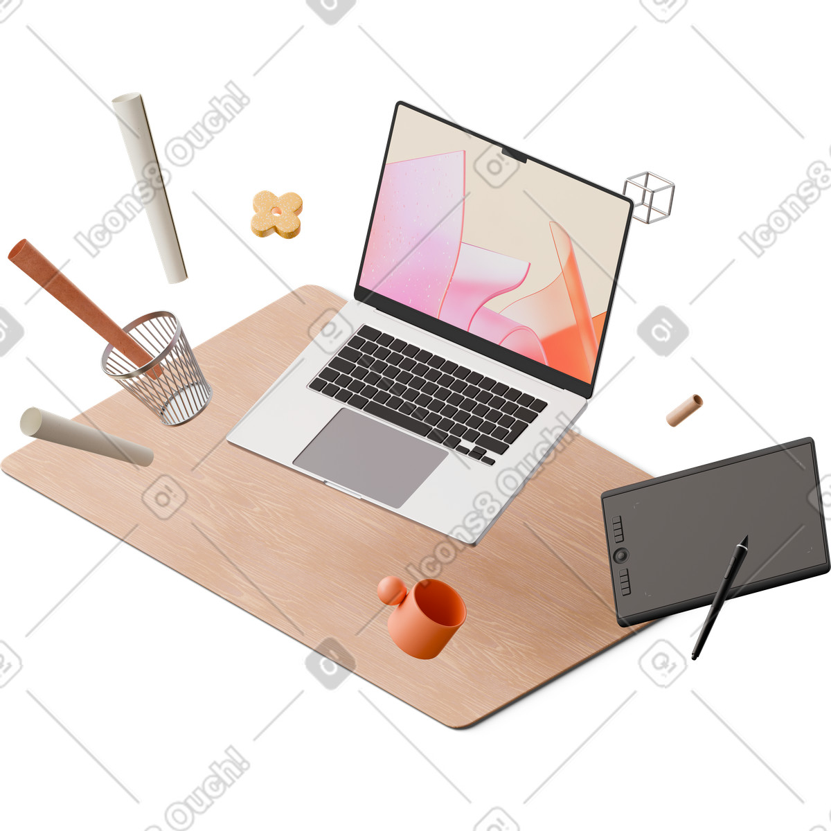 Illustration animée Vue isométrique du bureau designer avec ordinateur portable, tablette et portable dans le style 3D Hygge à télécharger aux formats GIF, Lottie (JSON), AE