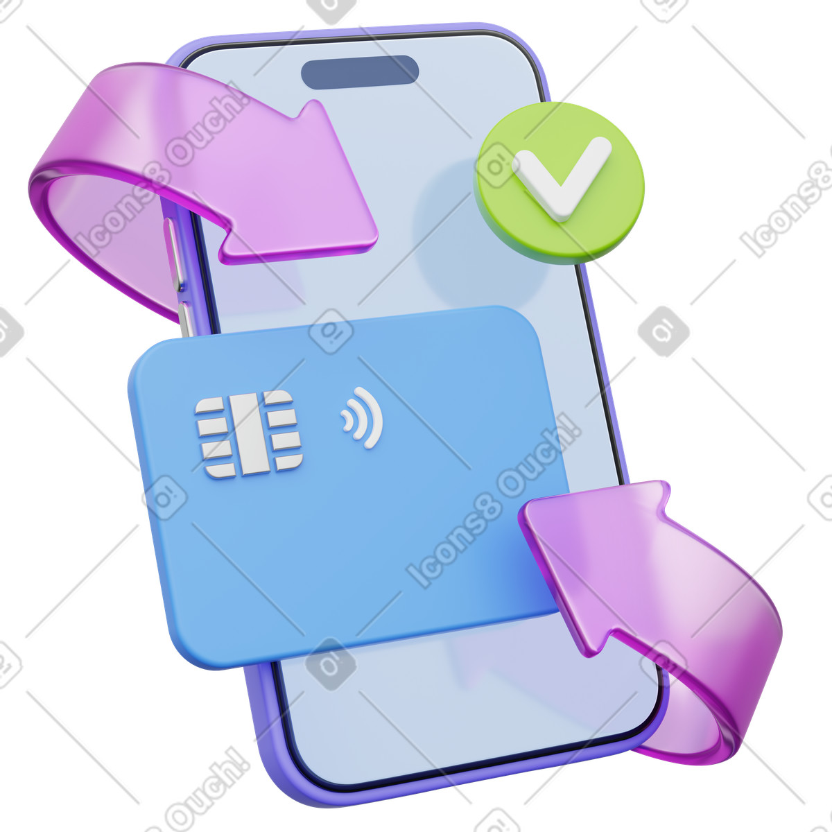 Mobile cashback reward, Smartphone with card and verified ribbon, Transaction bonus illustration in 3D Playful style download in PNG, SVG