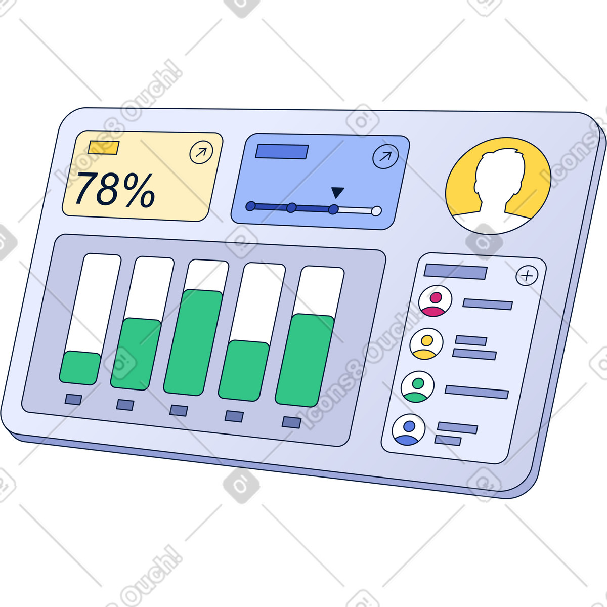 Project management dashboard with user list and performance metrics illustration in Neat style download in PNG, SVG