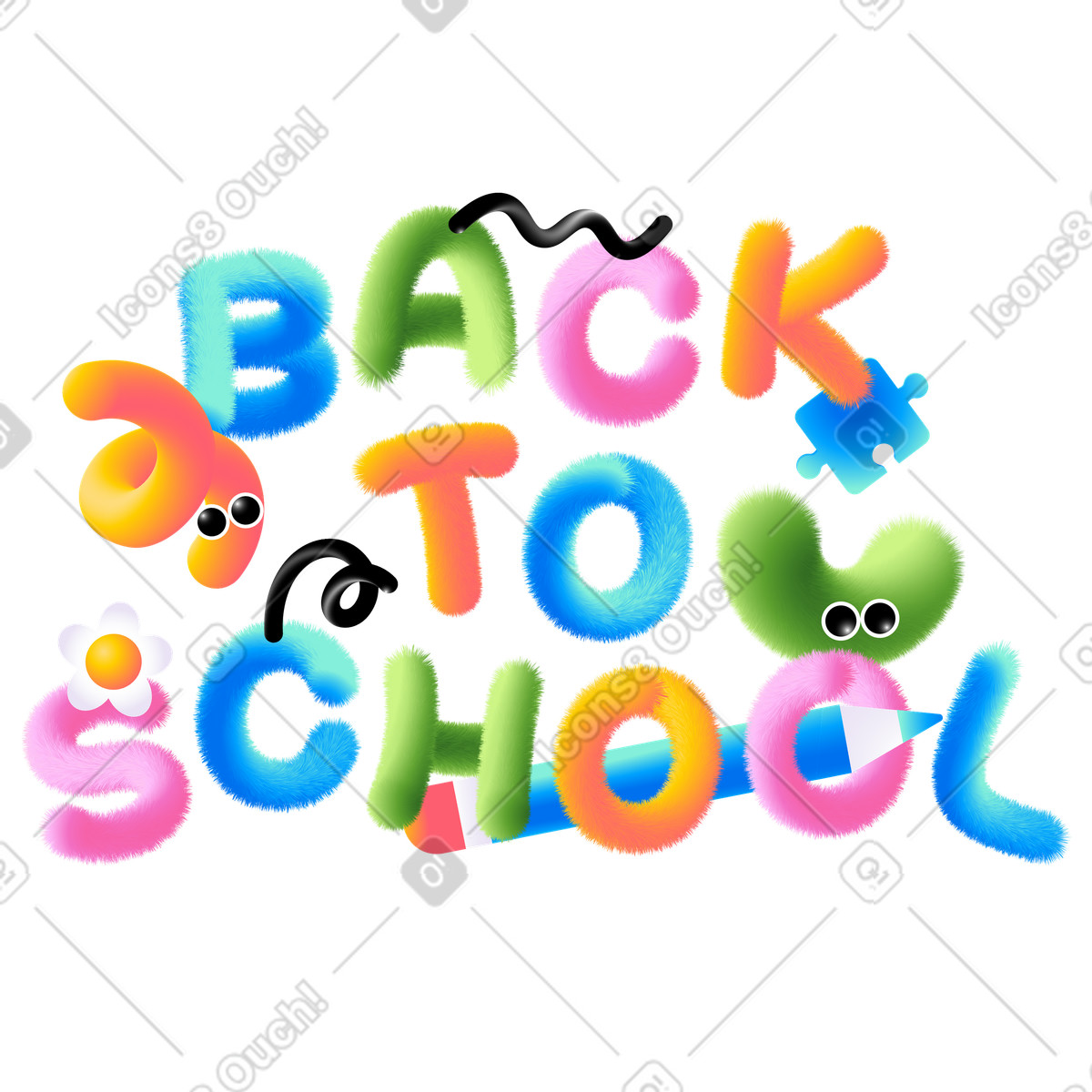 Lettering back to school con matita e testo puzzle illustrazione in stile Puffy scarica in PNG, SVG