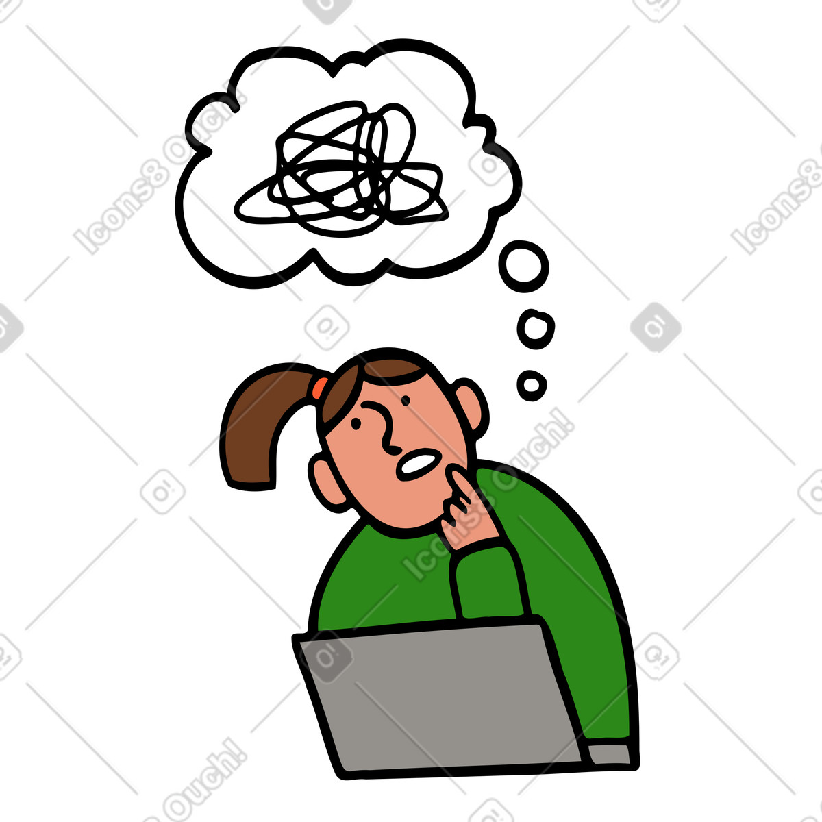 Woman with a laptop feeling confused illustration in Comic style download in PNG, SVG