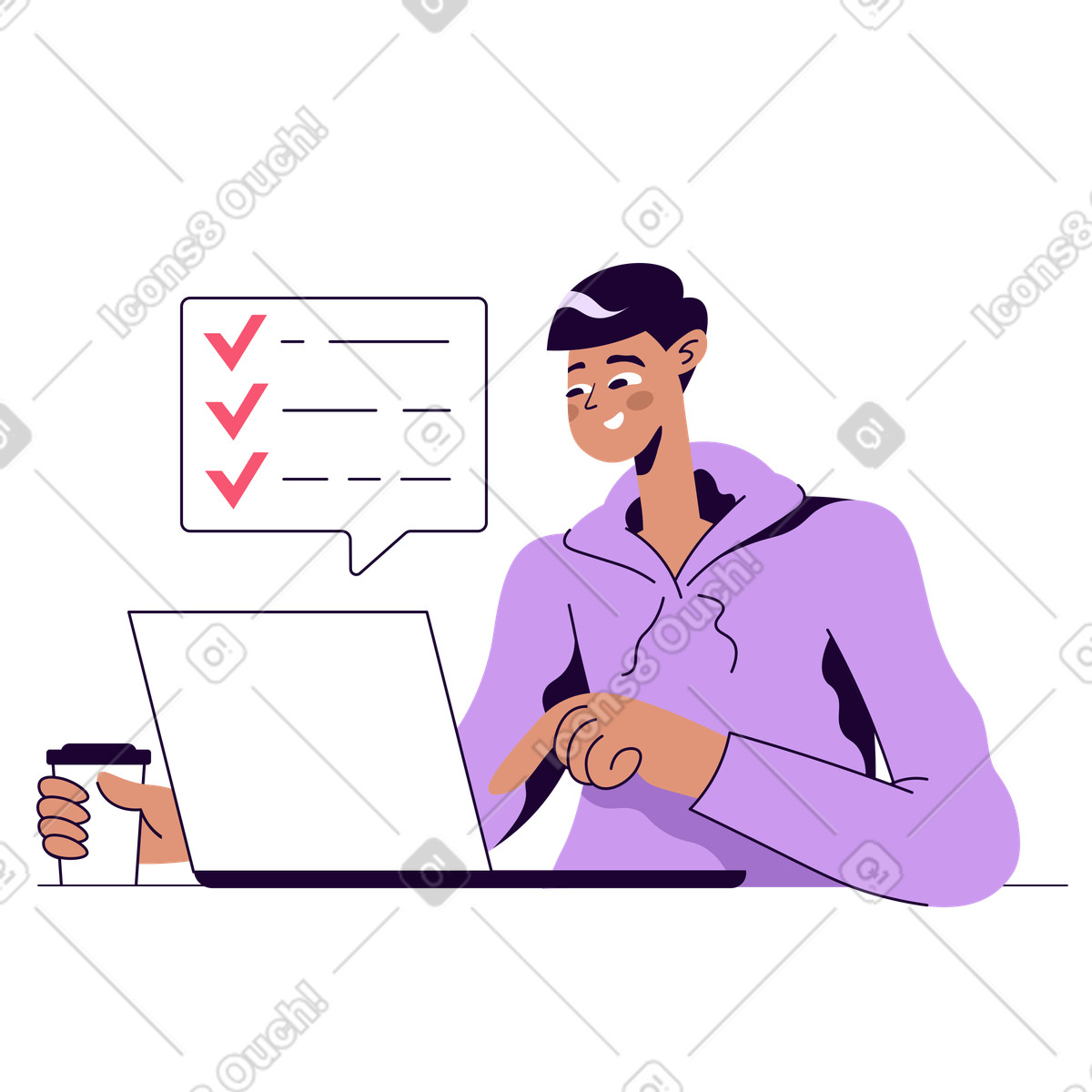Boy working on computer with checklist animated illustration in Martina style download in GIF, Lottie (JSON), AE