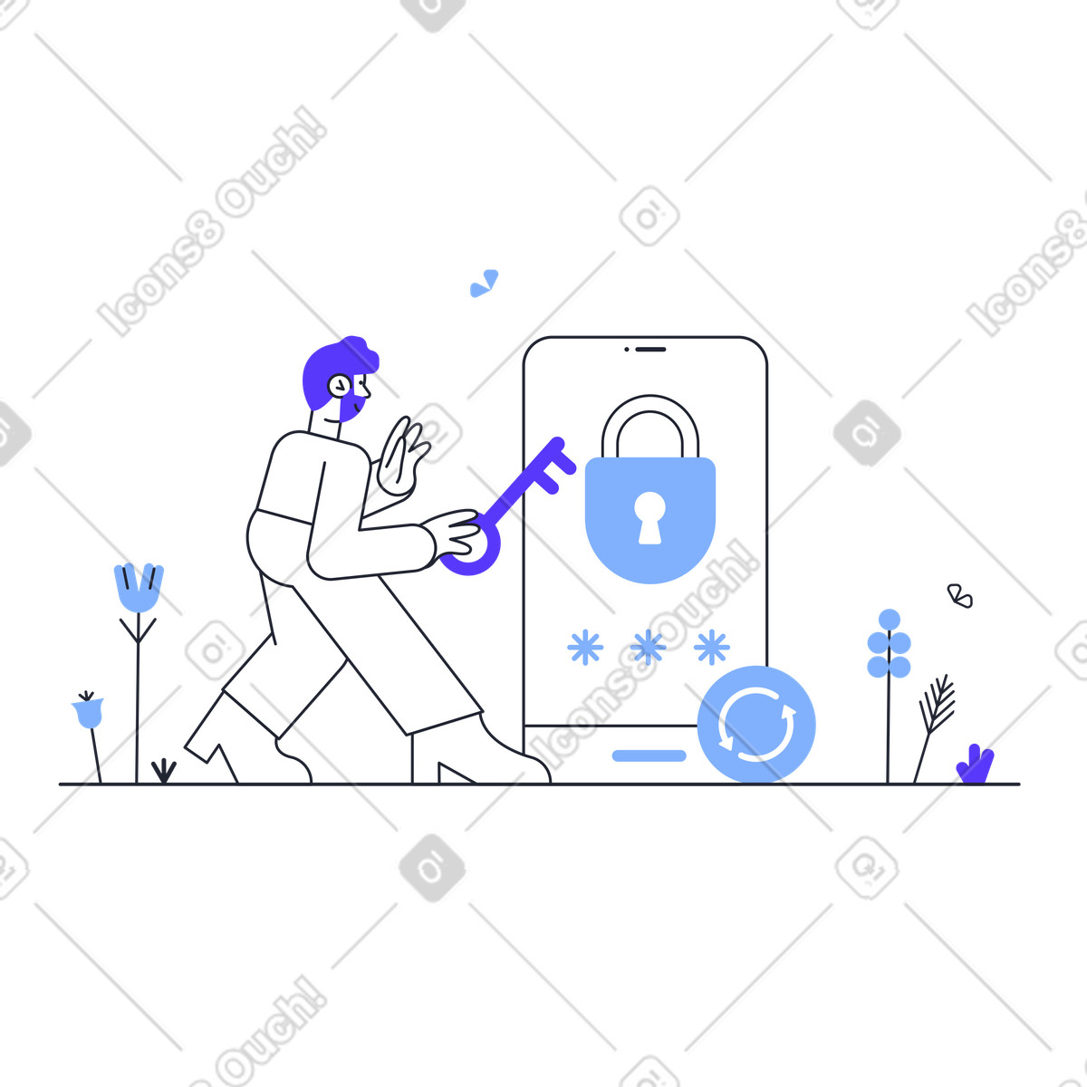 Illustration Guy avec clé sur le point de déverrouiller téléphone dans style Pablita à télécharger aux formats PNG, SVG