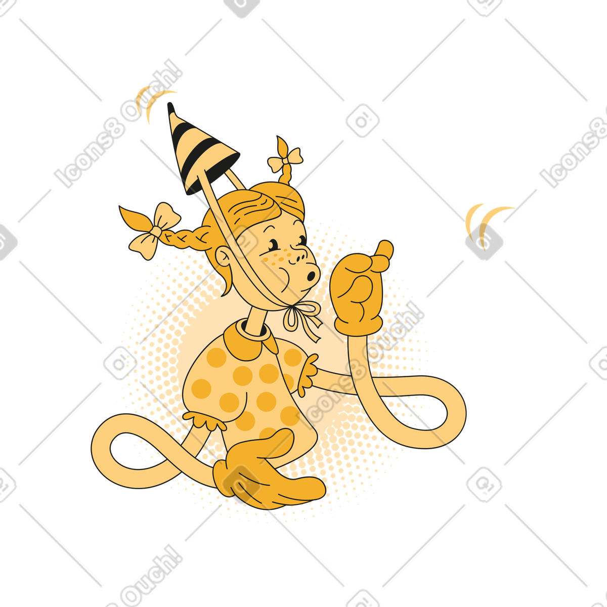 Girl blowing a party horn and celebrating birthday animated illustration in Rubber style download in GIF, Lottie (JSON), AE