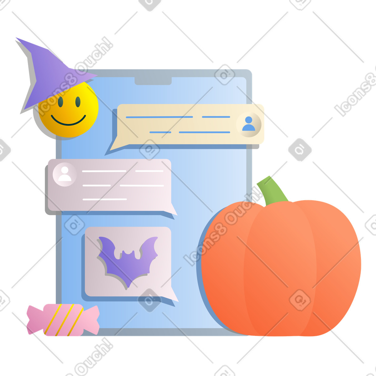 Illustration Discussion sur le thème d'halloween tablette et citrouille dans style Silky à télécharger aux formats PNG, SVG
