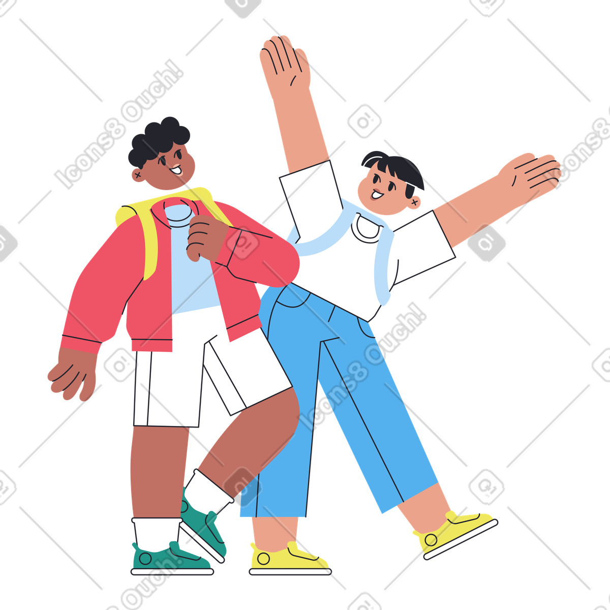 Ilustración Chicos yendo a la escuela juntos en estilo Boba descargar en PNG y SVG