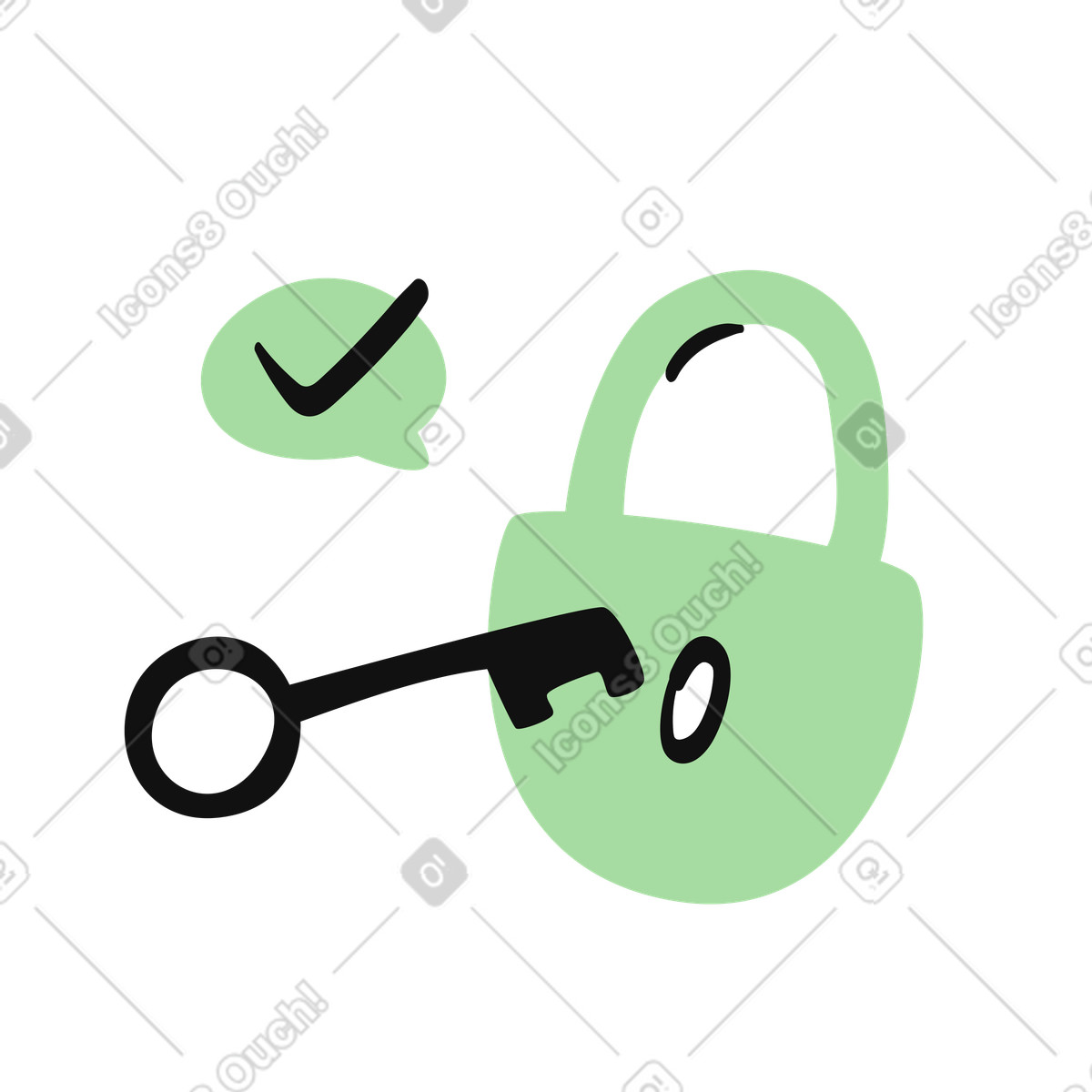 下载 Organic 风格的 Padlock security with key unlocking access and confirmation checkmark bubble 插画，支持 PNG、SVG 格式