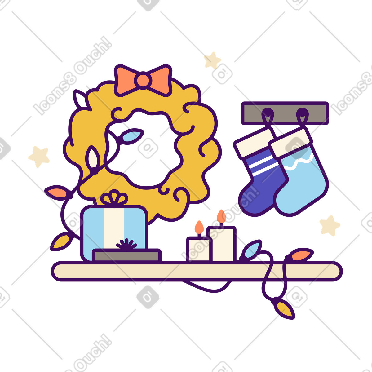 Shelf with Christmas wreath, stockings, gifts and candles, Cozy decorations animated illustration in Simplistic style download in GIF, Lottie (JSON), AE