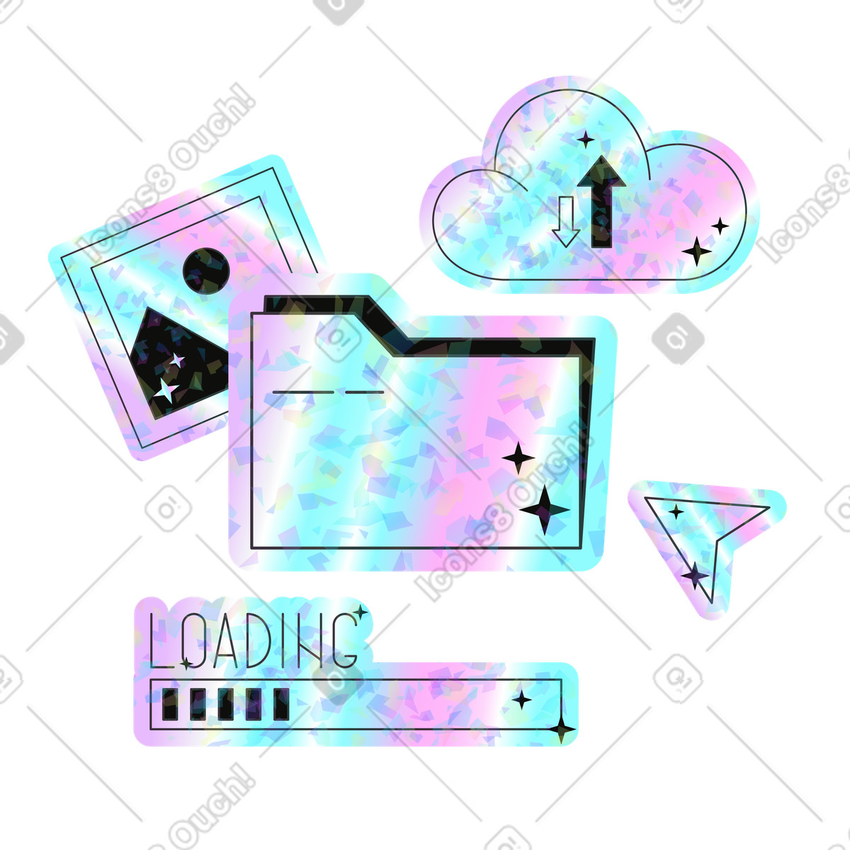 File synchronization with cloud storage, Data transfer and backup workflow-Illustration im Holostickers-Stil als Download in PNG, SVG