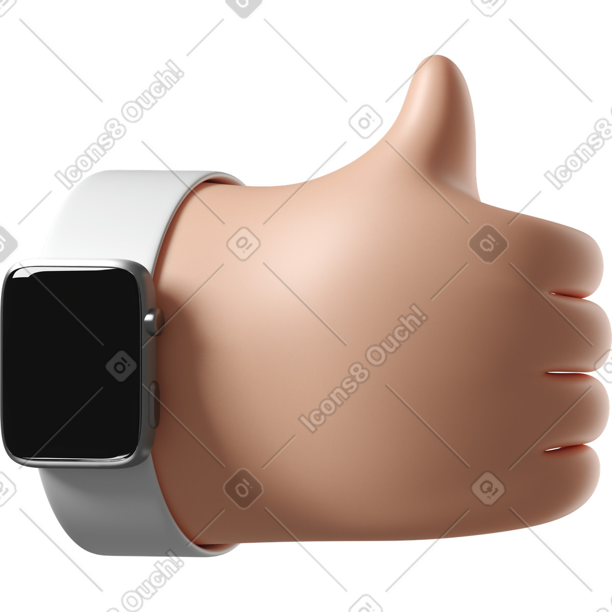 Ilustración Mano de piel blanca con reloj inteligente apagado mostrando los pulgares hacia arriba en estilo 3D Hands Fun&Wild a descargar en PNG y SVG