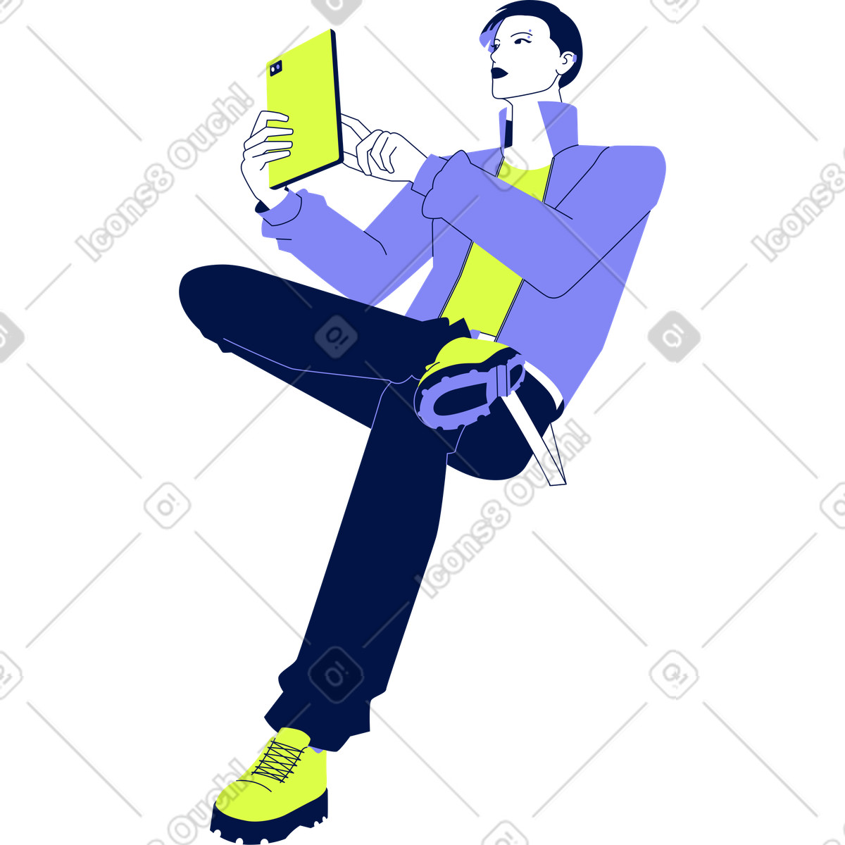 Giovane seduto con gadget illustrazione in stile Glow scarica in PNG, SVG