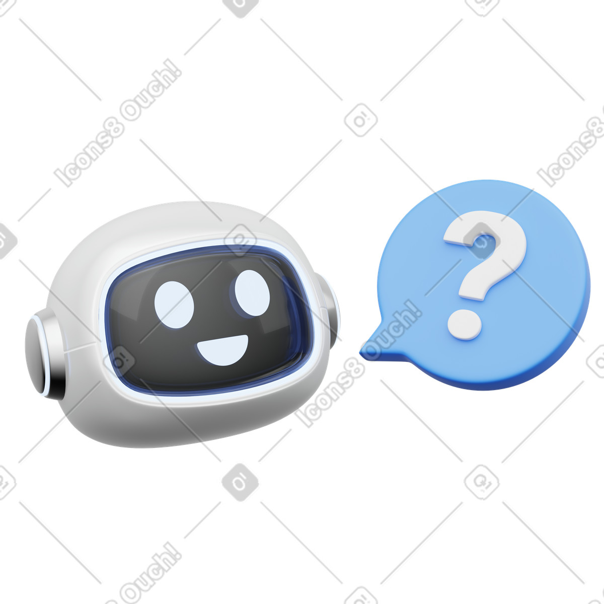 Virtual assistant robot head with FAQ question mark speech bubble illustration in 3D Playful style download in PNG, SVG