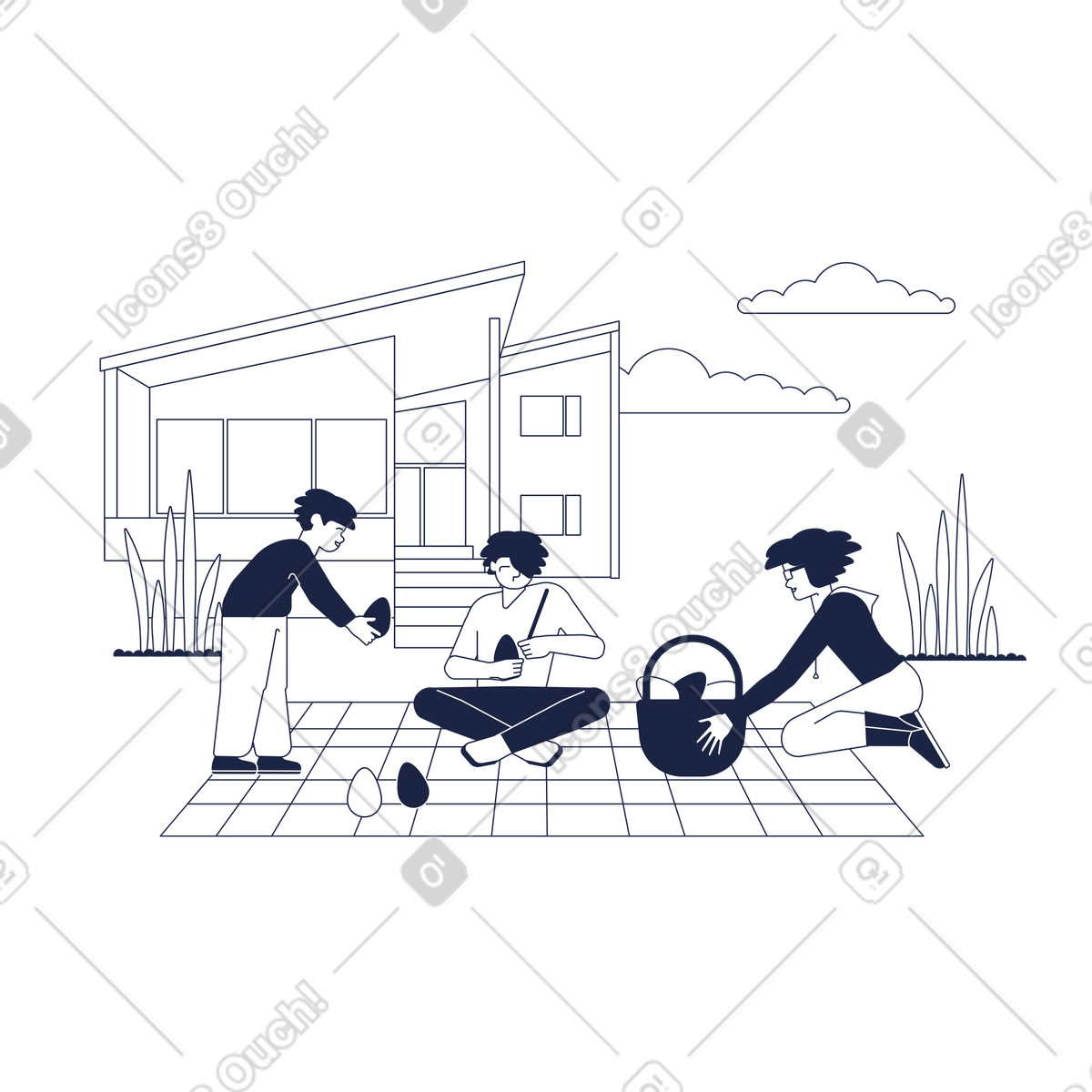 Иллюстрация Family coloring Easter eggs outdoors, Holiday activity в стиле Urban Line — скачать в форматах PNG, SVG