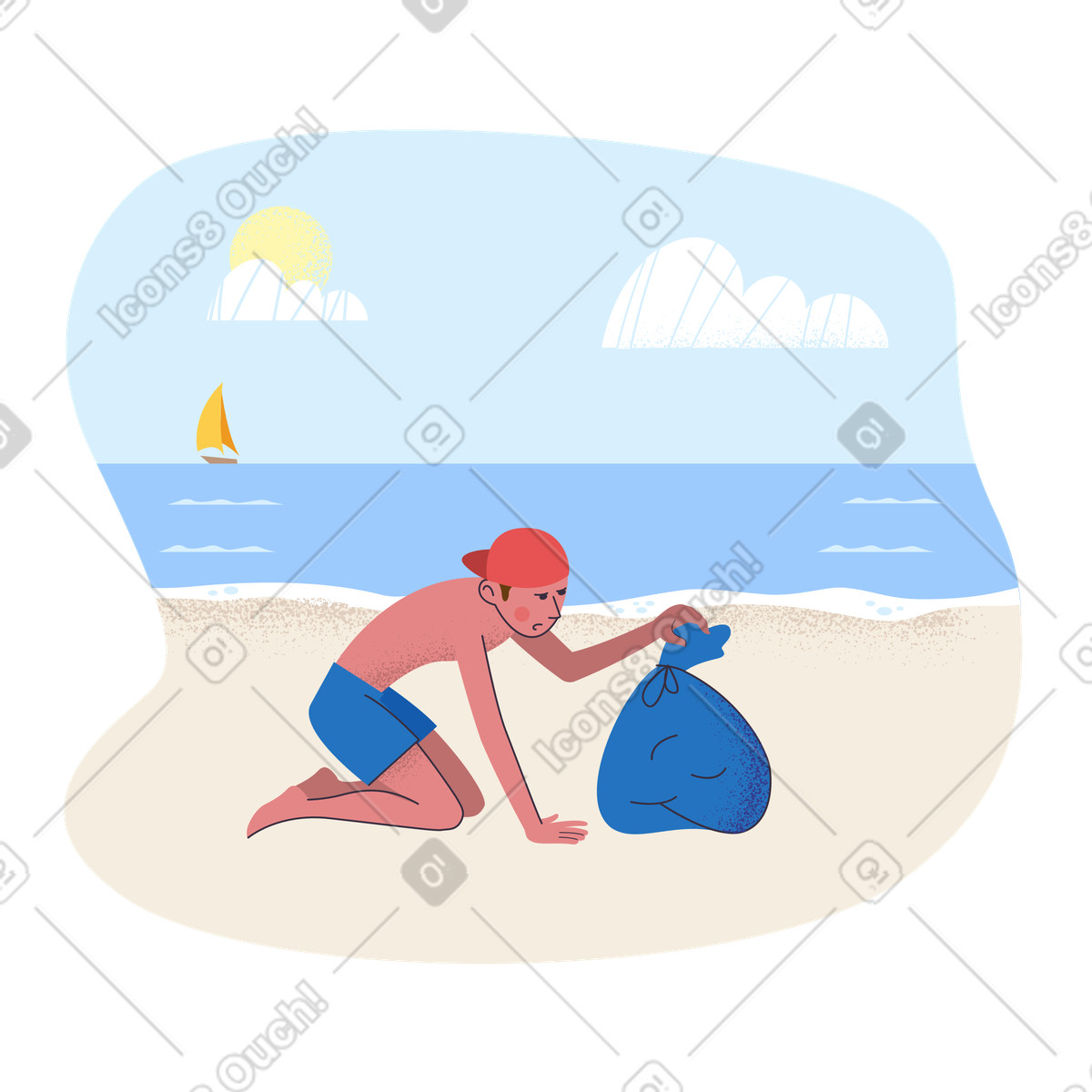 환경을 보호하고 쓰레기를 가방에 넣는 소년 illustration in Pale style download in PNG, SVG