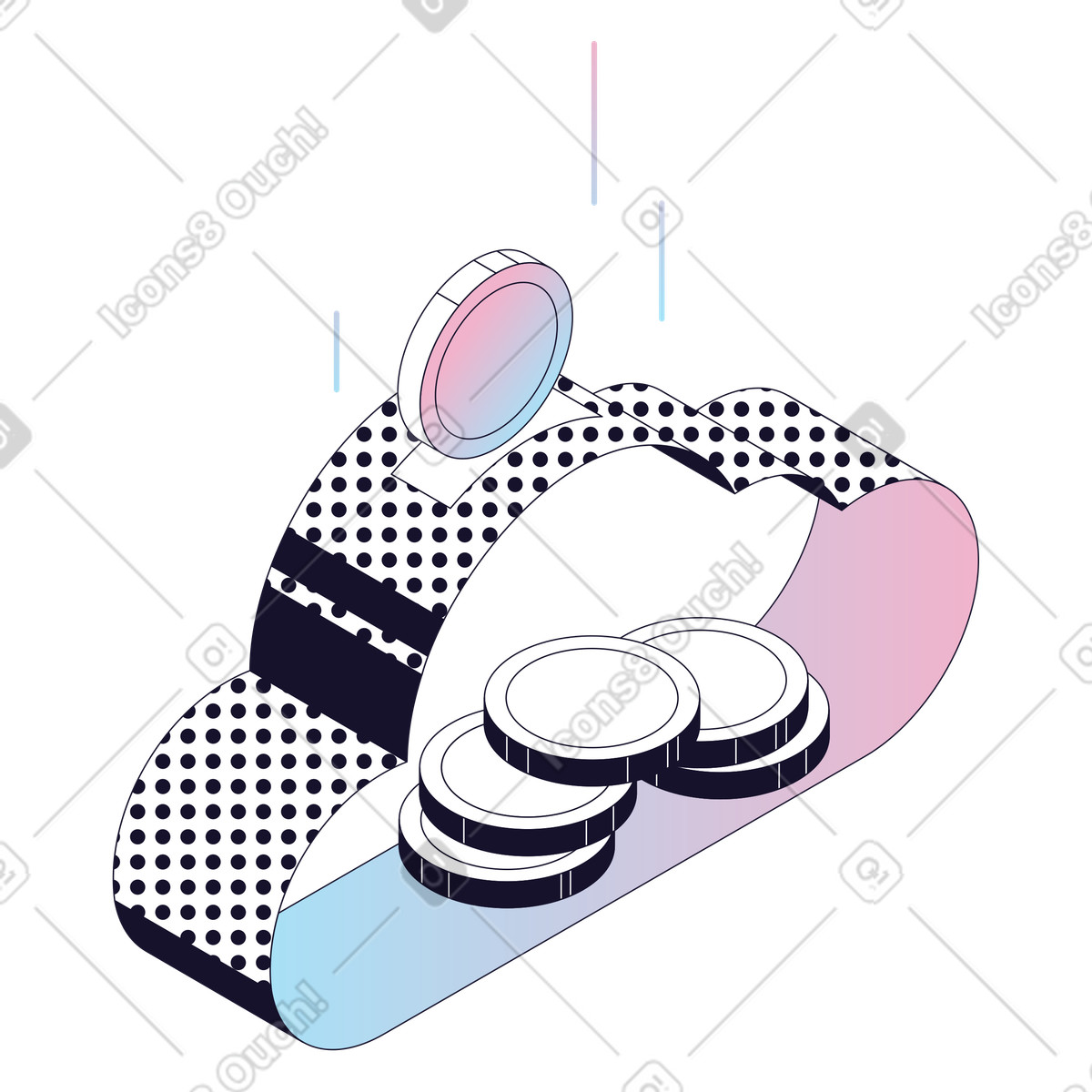 Moneta fluttuante che entra nel portafoglio cloud, archiviazione sicura di risorse digitali illustrazione in stile Node scarica in PNG, SVG