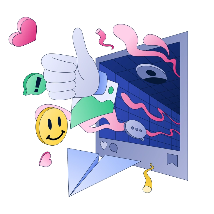 A computer screen with thumbs up and emojis - Neat style illustration