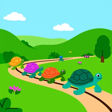 A slow-moving train, composed of colorful carriages, is pulled by giant turtles with intricate shell patterns. The train glides along curved tracks that weave through a lush landscape filled with vibrant green trees and blooming flowers. In the background, rolling hills rise gently under a bright blue sky, dotted with fluffy white clouds. The turtles have their heads stretched out, eagerly looking around as they move forward, creating a whimsical atmosphere. The scene is full of life, with small birds fluttering above and butterflies dancing among the flowers.