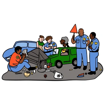 Police officers gathering evidence and taking notes at the scene of a road accident.