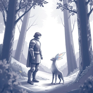 A hero stands in a dense forest, surrounded by towering trees with intricate bark textures and lush foliage. Sunlight filters through the leaves, casting dappled shadows on the forest floor. The hero, clad in armor, gazes in awe at a mystical creature. The creature has delicate, iridescent wings and a shimmering coat, blending harmoniously with the enchanting surroundings. The atmosphere is filled with a sense of wonder as the two figures, the hero and the creature, communicate in an unspoken connection within the magical setting of the forest.