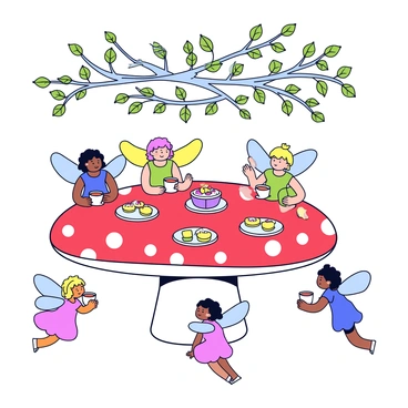 A large, red mushroom with white spots serves as the table for the tea party. On top of the mushroom, there are small delicate plates holding an assortment of pastries, including tiny cakes and cookies. There are also teacups filled with steaming tea arranged around the mushroom. Several fairies with colorful wings are gathered around the setup, some are sitting on the edges of the mushroom while others are flitting about. The fairies are wearing flowing dresses made of petals and leaves. Above them, a leafy canopy formed by intertwining branches and leaves provides shade, creating a magical atmosphere.