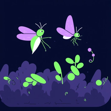 Two fireflies are positioned in a darkened environment, each displaying their glowing signals. One firefly is hovering slightly above ground, its body illuminated with a bright light, while the other firefly is flying in a graceful arc nearby, also emitting a soft glow. The background is filled with blurred foliage, enhancing the focus on the fireflies' light patterns. The scene captures the dynamic movement of the fireflies as they engage in their mating display, with the contrasting lights creating a visual rhythm in the dim surroundings.