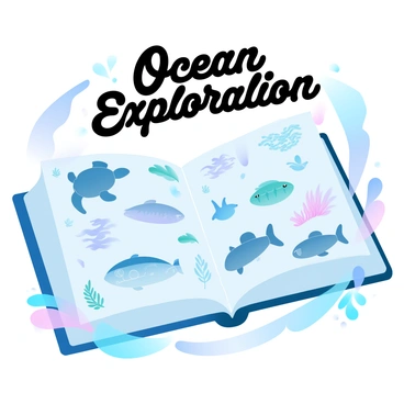 An illustrated report showcases various aspects of ocean exploration. The background features a deep blue ocean gradient with soft pastel colors. In the foreground, there is a large, open book displaying vibrant illustrations of diverse marine life. Among the illustrations, there are colorful coral reefs teeming with fish, a majestic sea turtle gliding gracefully, and a school of fish swimming together in a dynamic formation. Stylized sea plants are scattered throughout the pages, adding to the underwater theme. There are detailed diagrams of underwater exploration equipment, including submarines and diving gear, depicted alongside the marine life illustrations. Above the book, the phrase "Ocean Exploration" is prominently displayed in bold, decorative lettering.