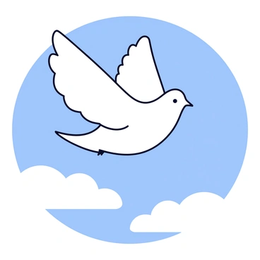 A white dove with outstretched wings is soaring in a bright blue sky. The dove has a smooth, sleek body and its feathers are detailed with subtle shading. Below the dove, soft, white clouds are scattered across the sky. The overall scene conveys a sense of freedom and tranquility, highlighting the dove's graceful flight.