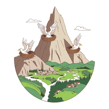A tall, rocky peak rises sharply against the sky, with steep cliffs and crags. Nests made of twigs and straw are perched precariously on various ledges, each filled with a griffon, showcasing their majestic wings and sharp beaks. The griffons have feathers in shades of white and brown, with some having vibrant accents. Below the peak, a sprawling kingdom unfolds, featuring lush green fields, winding rivers, and distant villages with small houses, all set against a backdrop of rolling hills. The scene captures the grandeur of the peak and the vastness of the kingdom below it.