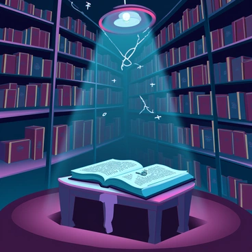 A dimly lit old library with tall, wooden shelves overflowing with ancient, dusty books. The books show signs of wear, with cracked spines and faded, mysterious titles embossed in gold. Shadows flicker ominously among the shelves, creating a sense of intrigue. Cobwebs dangle from the corners of the ceiling, and a single, ornate chandelier casts a warm yet eerie glow. A vintage wooden table sits in the center, adorned with an open tome that reveals cryptic illustrations and texts. The atmosphere feels thick with secrets waiting to be uncovered.