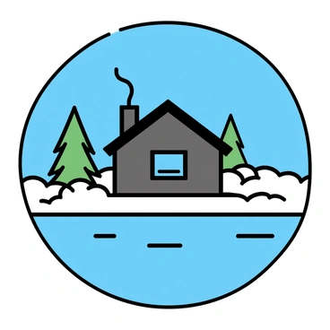 A lakeside cabin made of dark wood, with a sloping roof and a small porch, is visible through a circular ice fishing hole. The cabin has a chimney with thin wisps of smoke rising into the clear blue sky. Surrounding the fishing hole, the icy lake reflects the sunlight, and patches of snow are scattered around the edges. In the background, tall evergreen trees frame the scene, completing the cozy, rustic atmosphere.