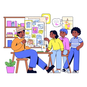 An artist with a light brown beret is sitting on a wooden stool in a cozy studio. The studio has warm lighting and shelves filled with art supplies and colorful canvases. The artist is holding a sketchbook displaying a vibrant illustration. A group of three friends is gathered around, offering feedback. One friend with short hair is pointing at the sketchbook, while another friend with glasses is nodding in agreement. The third friend, wearing a striped shirt, is leaning in with an interested expression. A small potted plant sits on a table nearby, adding a touch of greenery to the space.