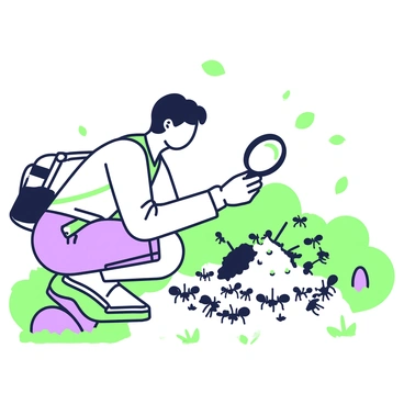 An entomologist is crouched down on a nature trail, closely examining an ant colony with a magnifying glass. The entomologist is wearing a light-colored long-sleeve shirt and cargo shorts, with a small backpack resting on the ground beside them. The magnifying glass is held in their right hand, while their left hand is gently pointing towards the entrance of the ant hill. Around the colony, numerous ants are visible, some carrying leaves and others working diligently within the structure. The trail is surrounded by greenery, with small plants and a few rocks scattered nearby. A light breeze stirs the leaves overhead, creating a lively atmosphere.