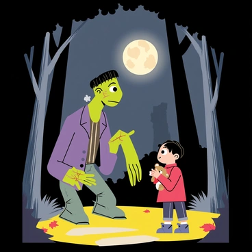 Frankenstein's monster, a tall figure with green skin and stitched scars, is depicted crouching down to speak to a small lost child. The child, wearing a red coat and dark pants, looks up with wide eyes, holding a small teddy bear. The scene is set in a dimly lit forest, with tall, shadowy trees surrounding them. Moonlight filters through the branches, illuminating the monster's gentle expression as he points toward a path leading home. A few scattered autumn leaves are visible on the ground, adding a touch of warmth to the scene. 