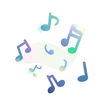 Musical notes floating in the air, each note glitching into digital fragments